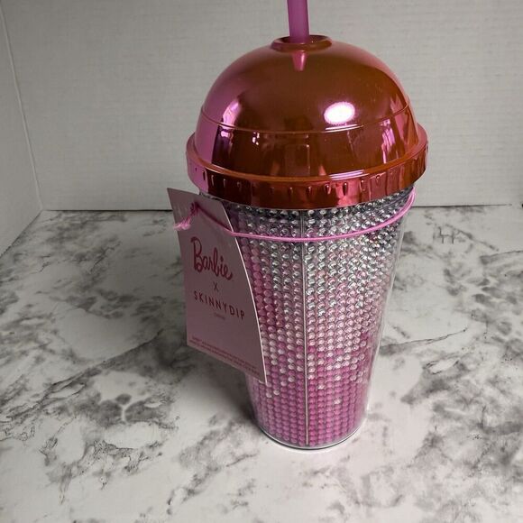 BARBIE x SKINNY DIP Tumbler With Dome Top & Straw BARBIE Logo Pink Bling New - Picture 3 of 5